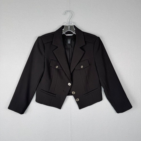 WHITE HOUSE BLACK MARKET Cropped Blazer 00 Black Tailored Stretch Epaulettes - Picture 1 of 13